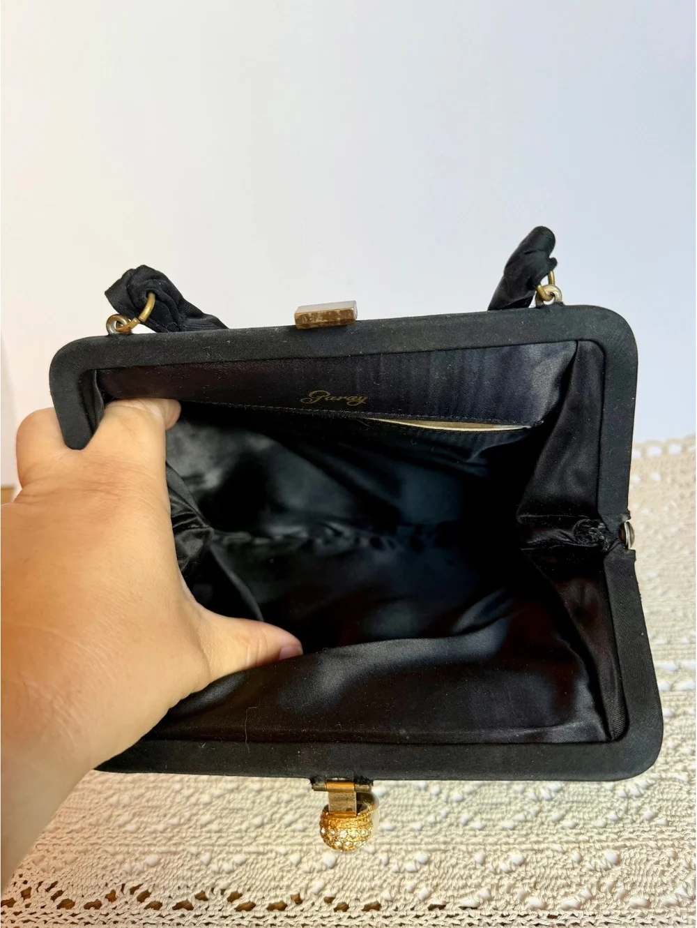 Vintage Garay Black Pleated Evening Handbag Rhinestone Pearl Clasp Purse